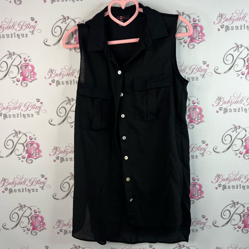 Lava tank top long mini dress button up Black Sleeveless Top collared pockets - Picture 1 of 9
